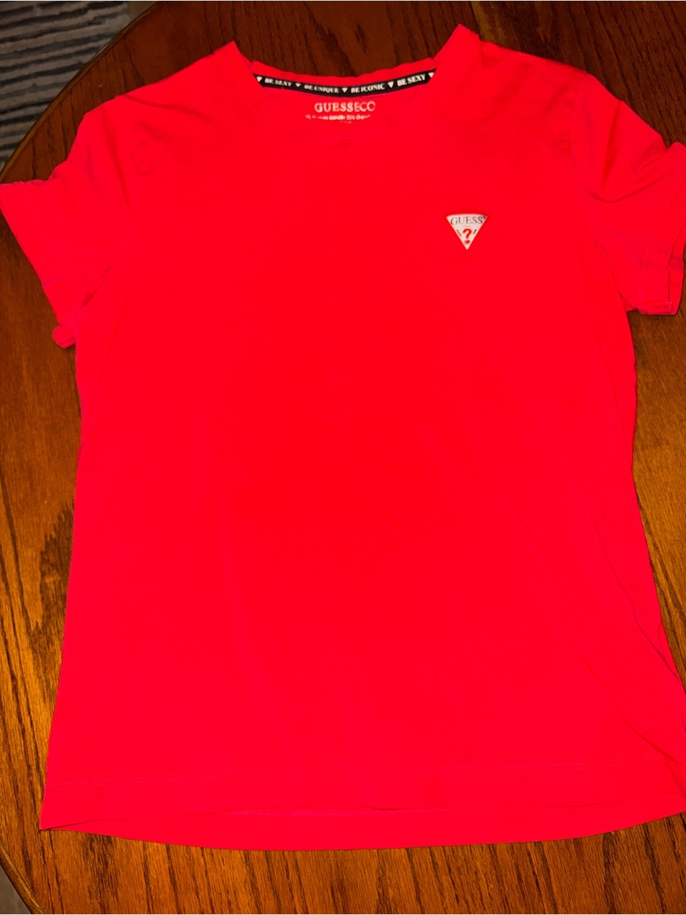 Guess Red Women's Tee with 'Be Unique' Neck Trim
